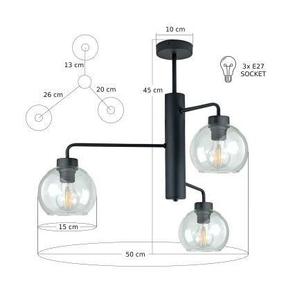 Lustr na tyči FLEX 3xE27/60W/230V černá/čirá
