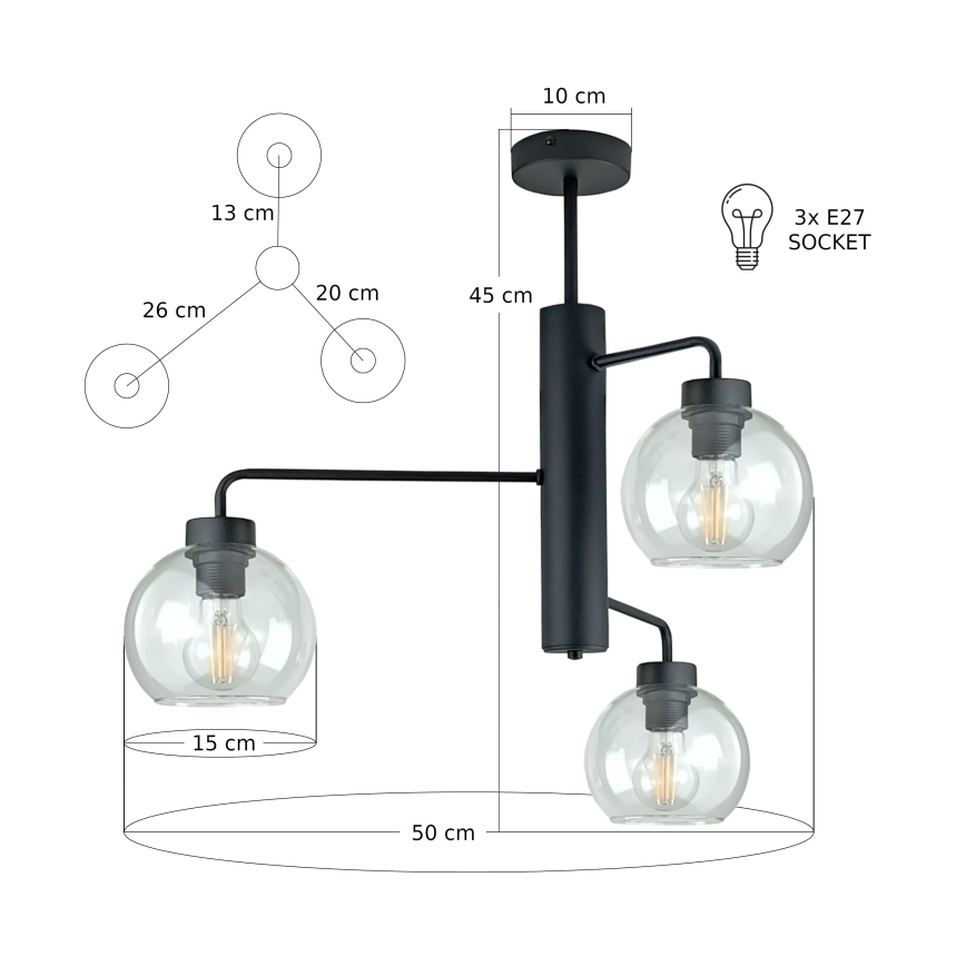 Lustr na tyči FLEX 3xE27/60W/230V černá/čirá