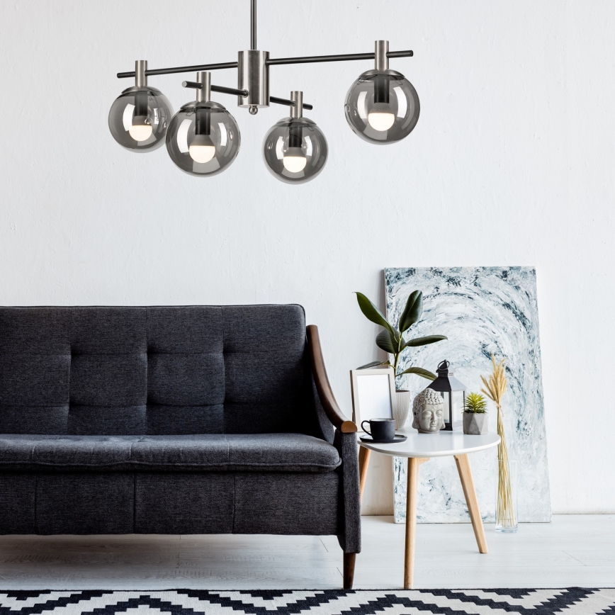 Lustr na tyči LILOU 4xE14/5W/230V matný chrom/kouřová