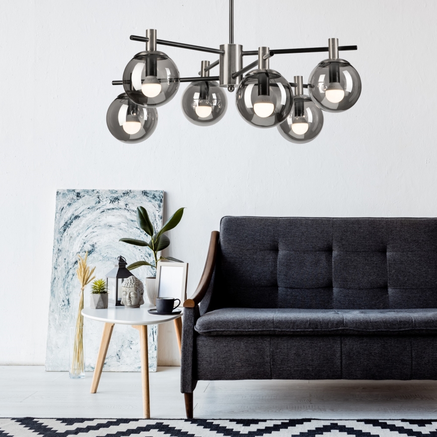 Lustr na tyči LILOU 6xE14/5W/230V matný chrom/kouřová