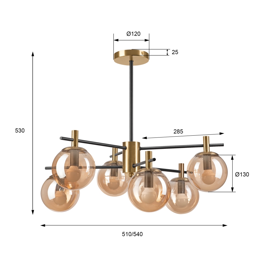 Lustr na tyči LILOU 6xE14/5W/230V zlatá/černá/kouřová béžová