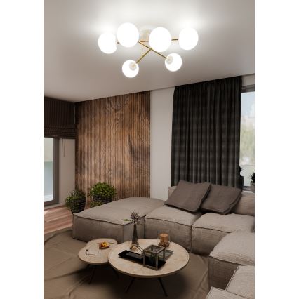 Lustr na tyči MAGNUM 6xE14/10W/230V bílá/zlatá