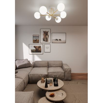 Lustr na tyči MAGNUM 6xE14/10W/230V bílá/zlatá