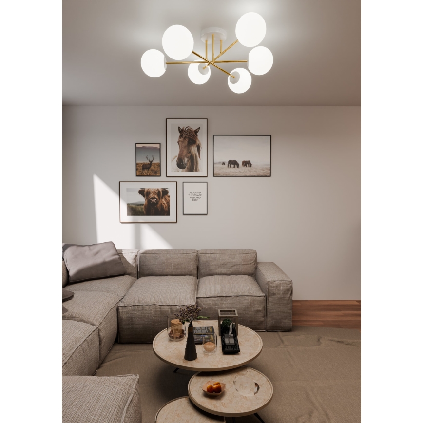 Lustr na tyči MAGNUM 6xE14/10W/230V bílá/zlatá