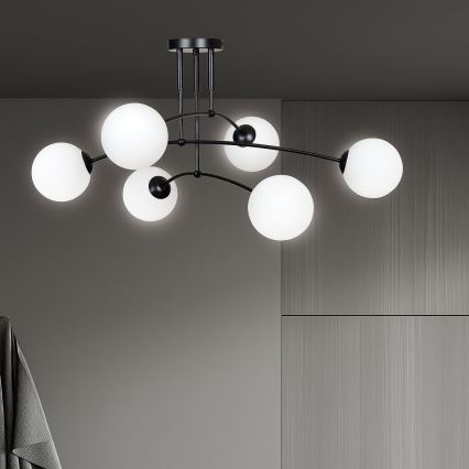 Lustr na tyči PREGOS 6xE14/10W/230V černá/bílá