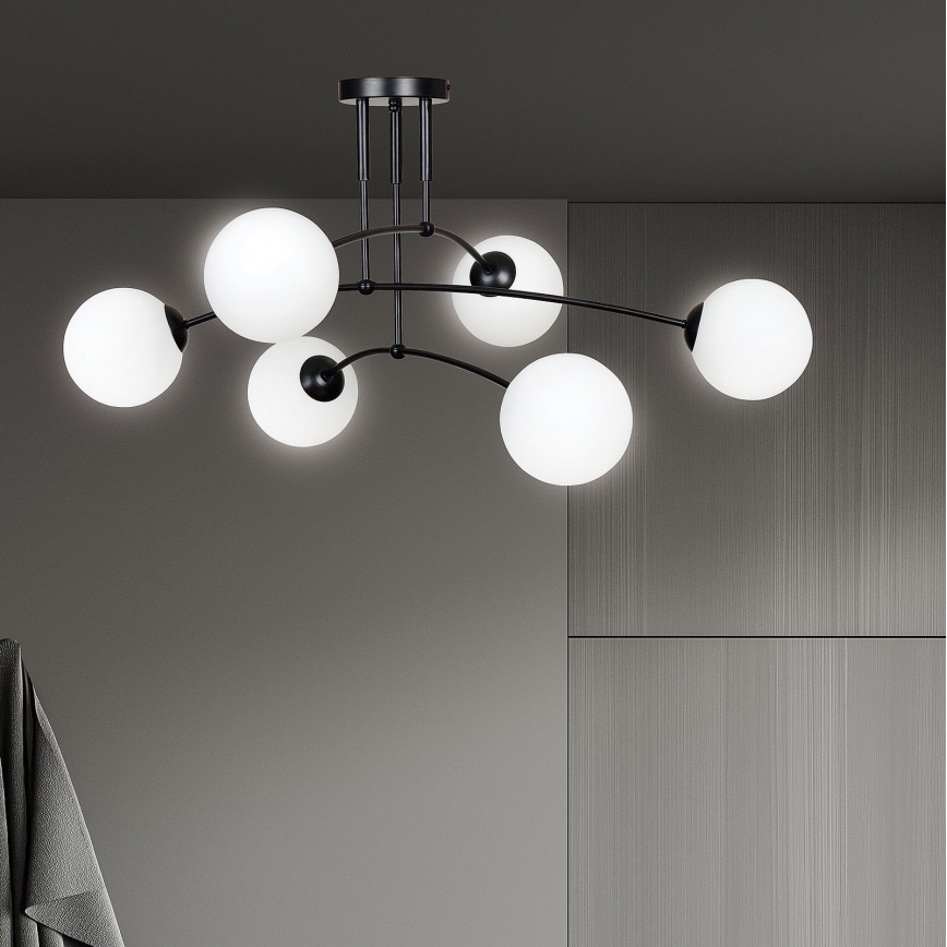 Lustr na tyči PREGOS 6xE14/10W/230V černá/bílá
