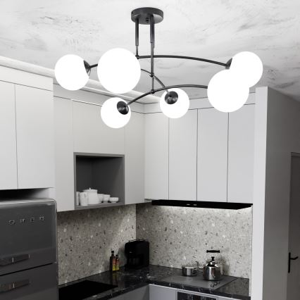 Lustr na tyči PREGOS 6xE14/10W/230V černá/bílá