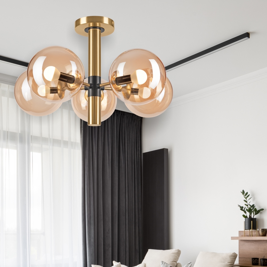 Lustr na tyči ROLLO 5xE14/5W/230V zlatá/kouřová béžová