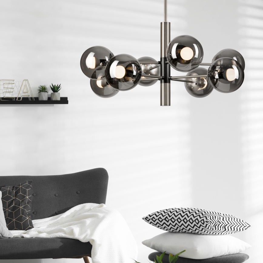 Lustr na tyči ROLLO 8xE14/5W/230V matný chrom/kouřová