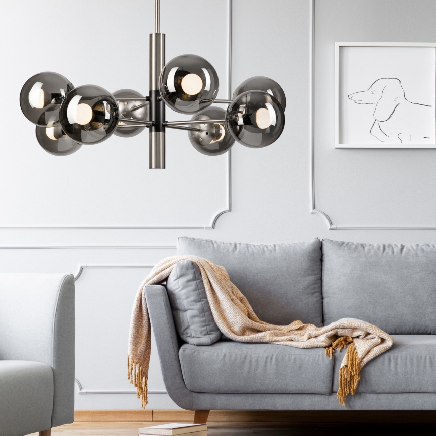 Lustr na tyči ROLLO 8xE14/5W/230V matný chrom/kouřová