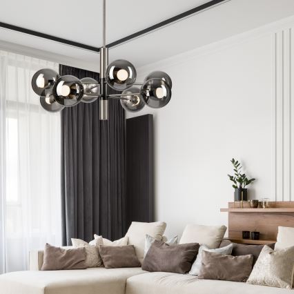Lustr na tyči ROLLO 8xE14/5W/230V matný chrom/kouřová