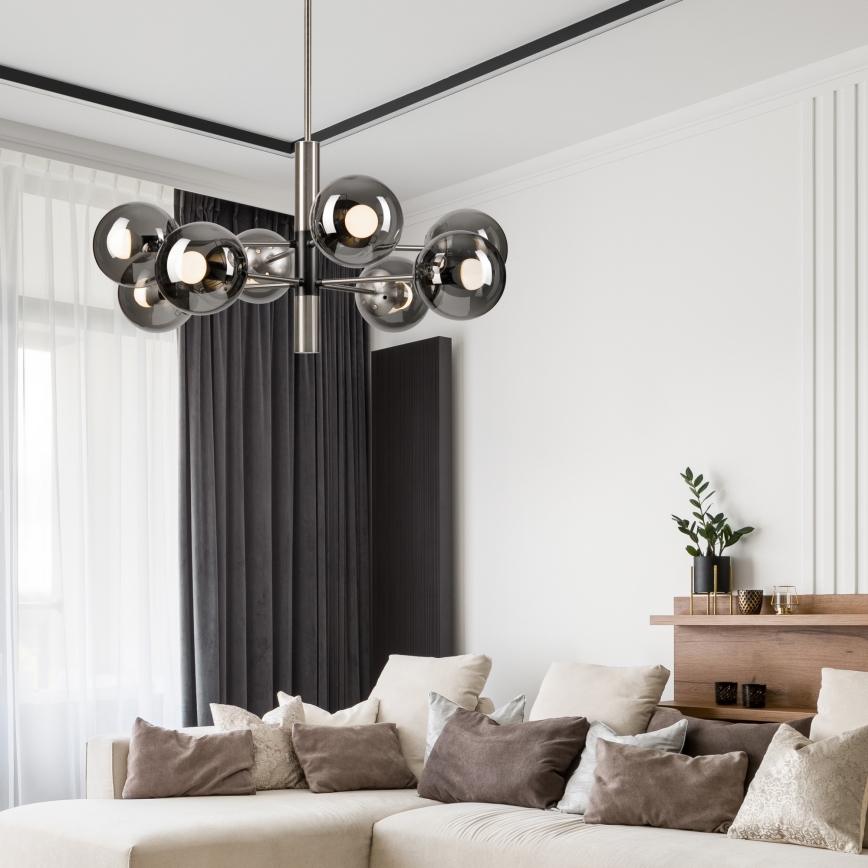 Lustr na tyči ROLLO 8xE14/5W/230V matný chrom/kouřová