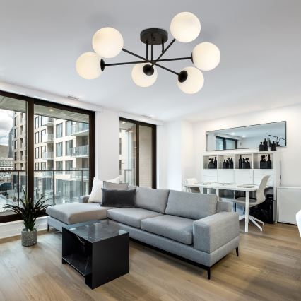 Lustr na tyči ROMA 6xE14/10W/230V černá/bílá