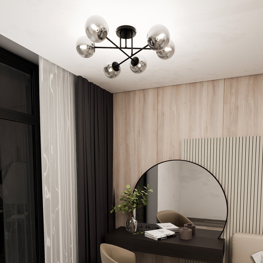 Lustr na tyči ROMA 6xE14/10W/230V černá/kouřová