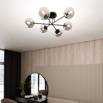 Lustr na tyči ROMA 6xE14/10W/230V černá/kouřová