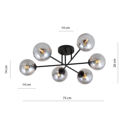 Lustr na tyči ROMA 6xE14/10W/230V černá/kouřová