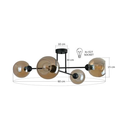 Lustr na tyči VASCO 4xE27/60W/230V černá/kouřová béžová