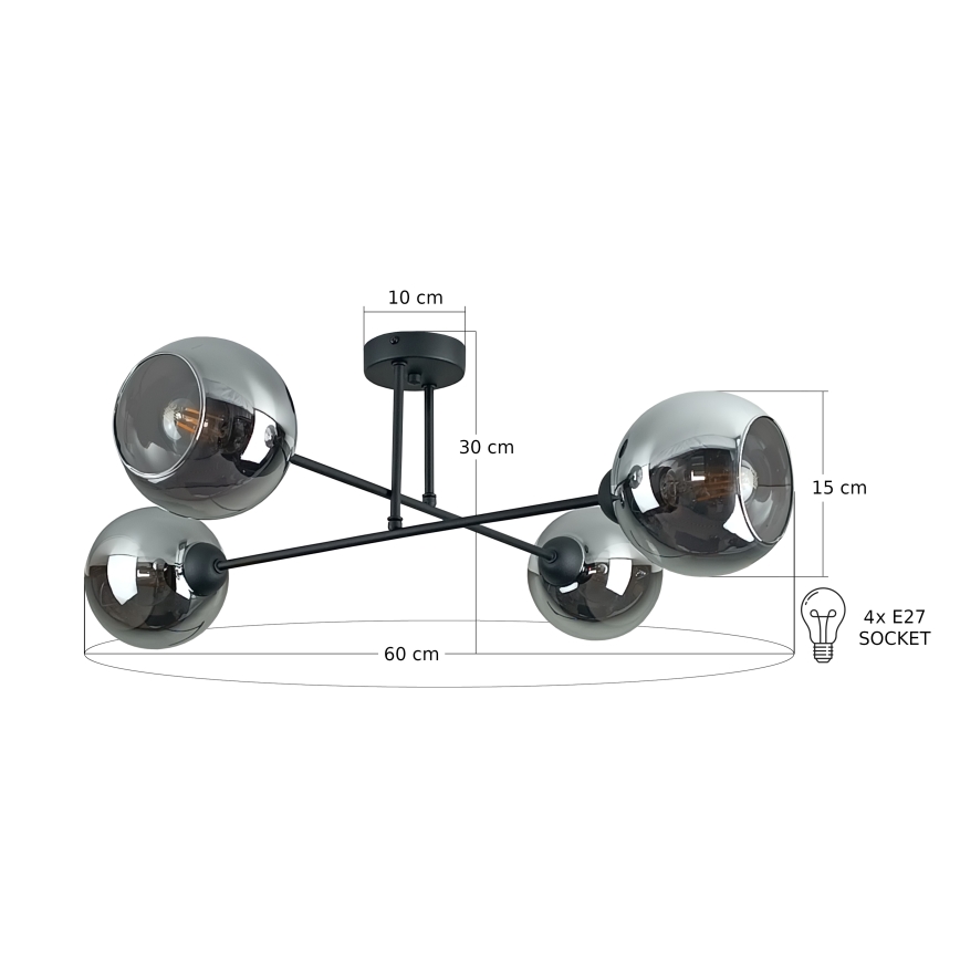 Lustr na tyči VASCO 4xE27/60W/230V černá/kouřová černá