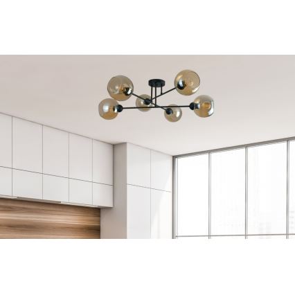 Lustr na tyči VASCO 6xE27/60W/230V černá/kouřová béžová