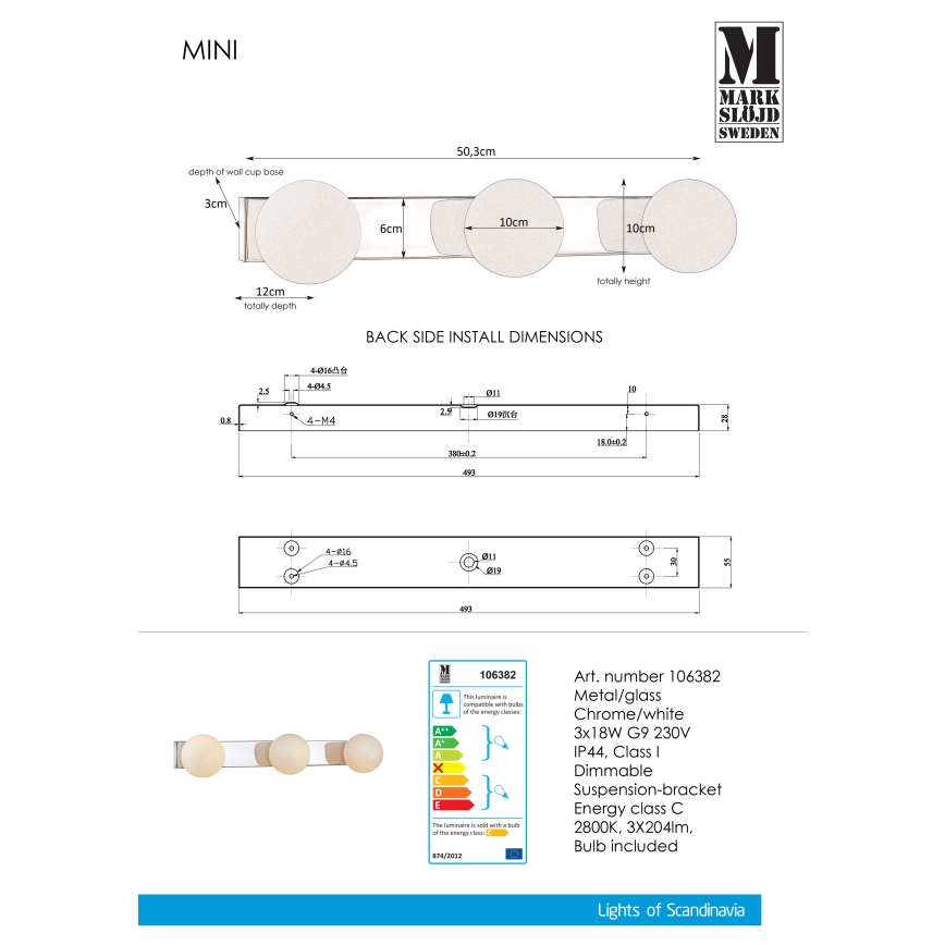 Markslöjd 106382 - Stmívatelné koupelnové nástěnné svítidlo MINI 3xG9/18W/230V IP44