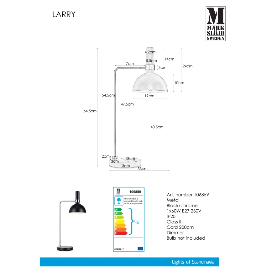Markslöjd 106859 - Stmívatelná stolní lampa LARRY 1xE27/60W/230V