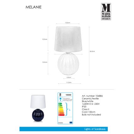 Markslöjd 106886 - Stolní lampa MELANIE 1xE14/40W/230V bílá/modrá