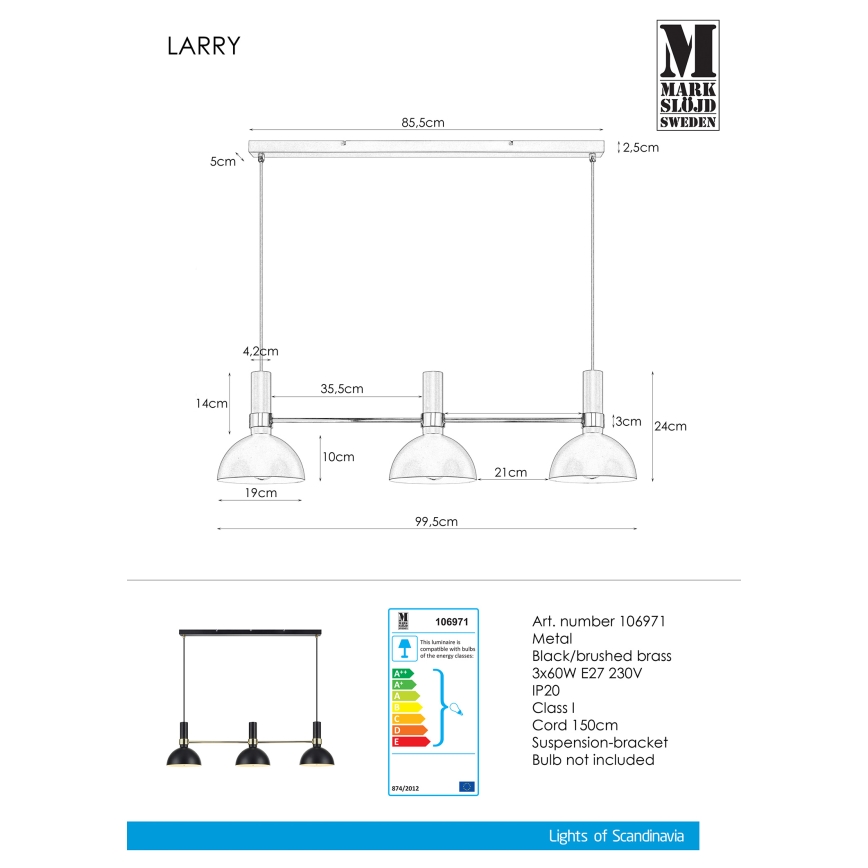 Markslöjd 106971 - Lustr na lanku LARRY 3xE27/60W/230V černá/zlatá