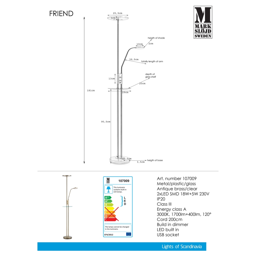 Markslöjd 107009 - LED Stmívatelná stojací lampa FRIEND LED/18W/230V + LED/5W