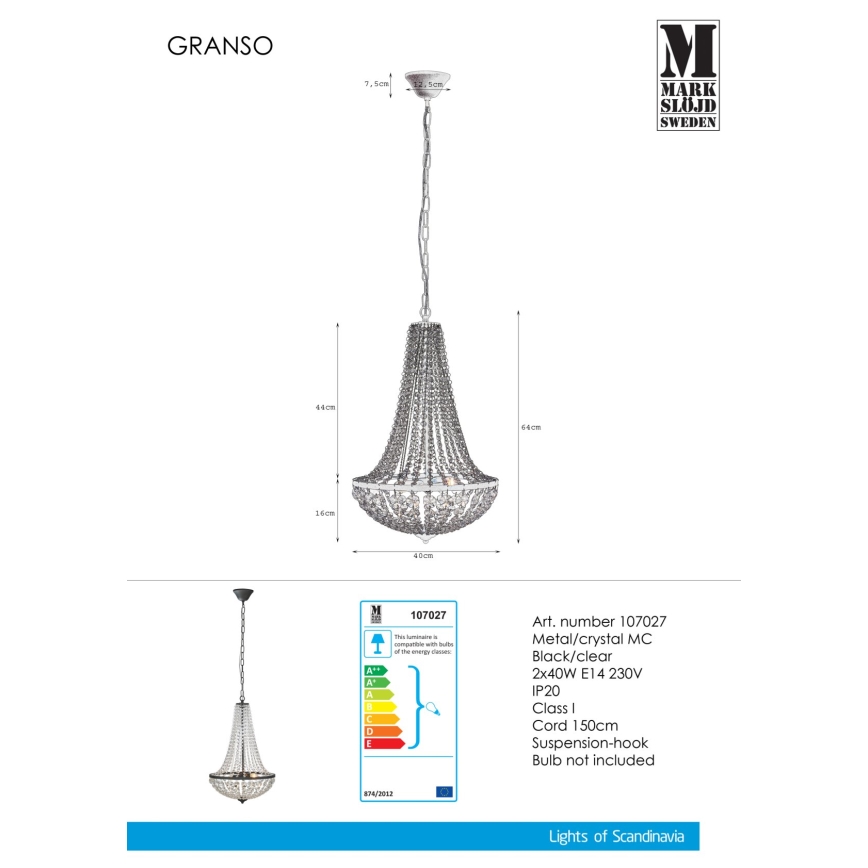 Markslöjd 107027 - Křišťálový lustr na řetězu GRÄNSÖ 2xE14/40W/230V