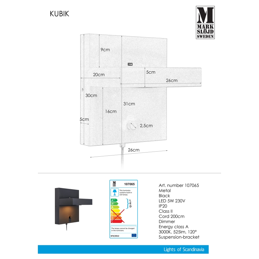Markslöjd 107065 - LED Stmívatelné nástěnné svítidlo CUBIC 1xLED/5W/230V černá