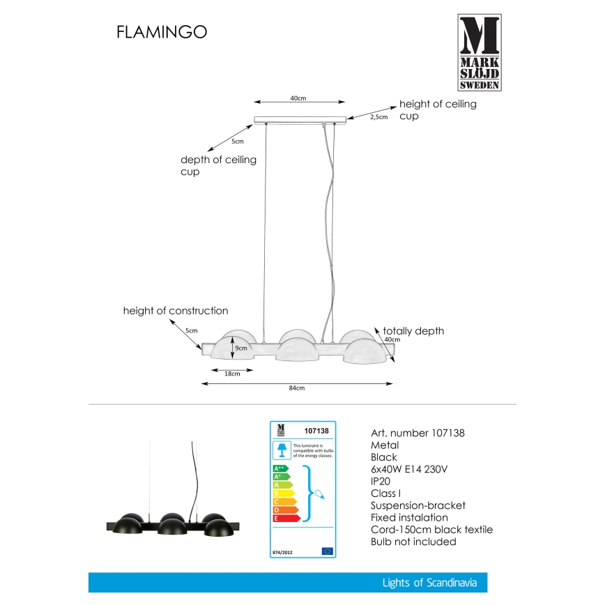 Markslöjd 107138 - Lustr na lanku FLAMINGO 6xE14/40W/230V černá