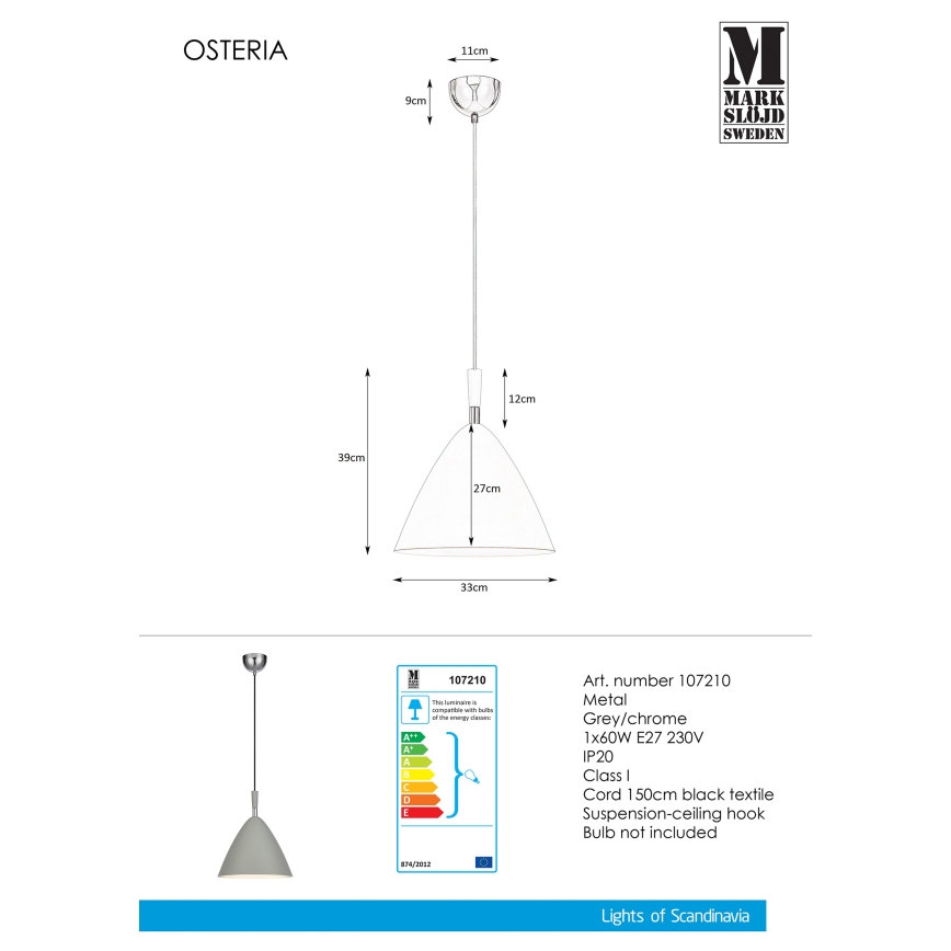 Markslöjd 107210 - Lustr na lanku OSTERIA 1xE27/60W/230V