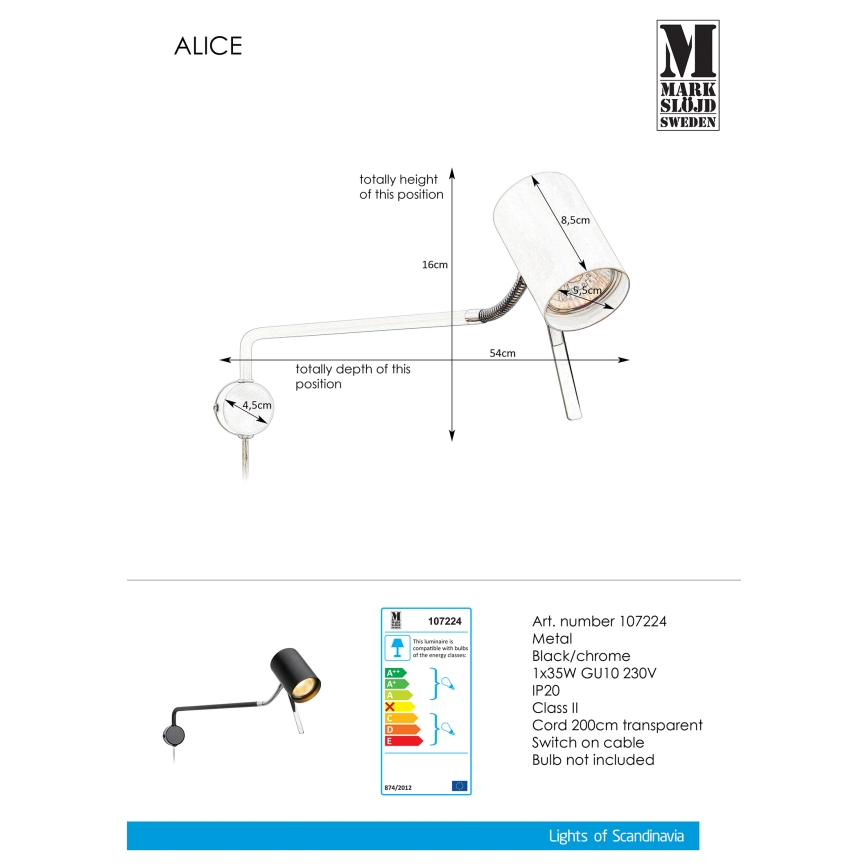 Markslöjd 107224 - Nástěnné svítidlo ALICE 1xGU10/35W/230V černá