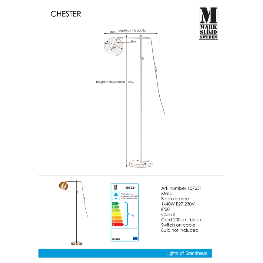 Markslöjd 107231 - Stojací lampa CHESTER 1xE27/40W/230V