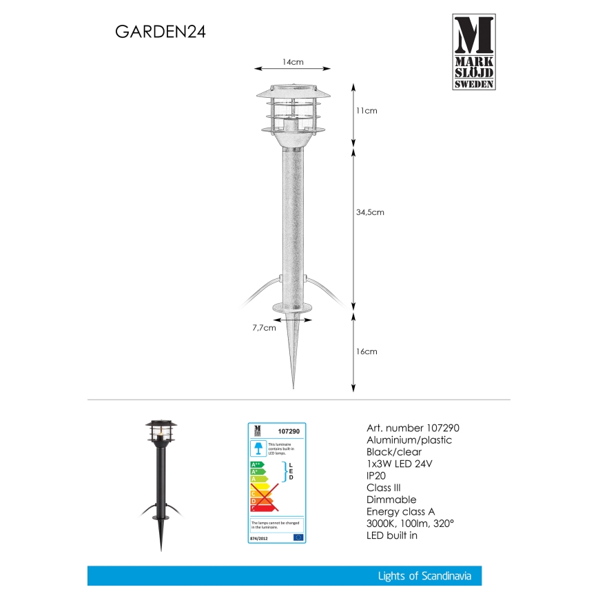 Markslöjd 107290 - LED Venkovní lampa GARDEN 24 LED/3W/24V 45 cm IP44 černá