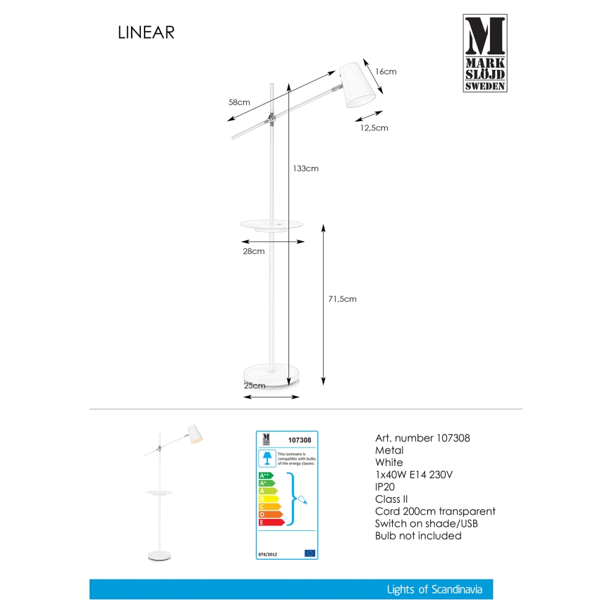 Markslöjd 107308 - Stojací lampa s USB LINEAR 1xE14/40W/230V