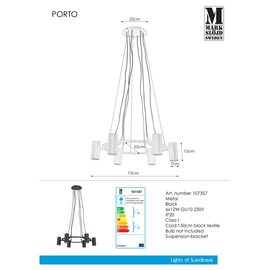 Markslöjd 107357 - Lustr na lanku PORTO 6xGU10/12W/230V