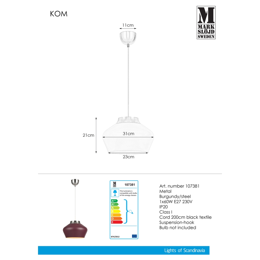 Markslöjd 107381 - Lustr na lanku KOM 1xE27/60W/230V