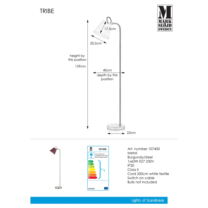 Markslöjd 107400 - Stojací lampa TRIBE 1xE27/60W/230V