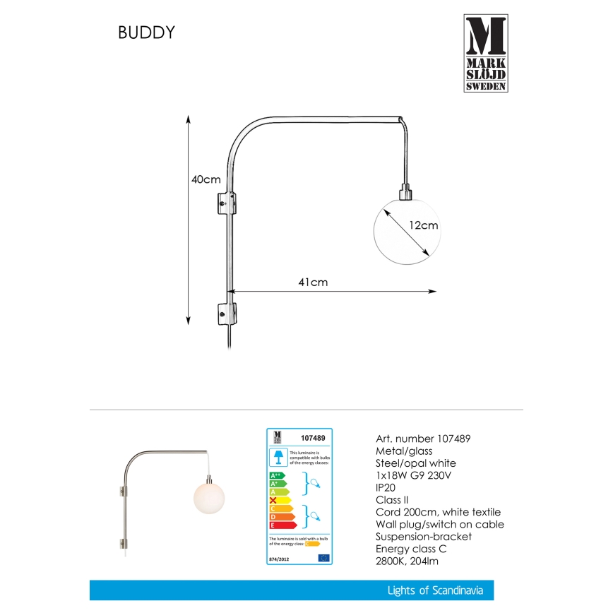 Markslöjd 107489 - Nástěnné svítidlo BUDDY 1xG9/18W/230V