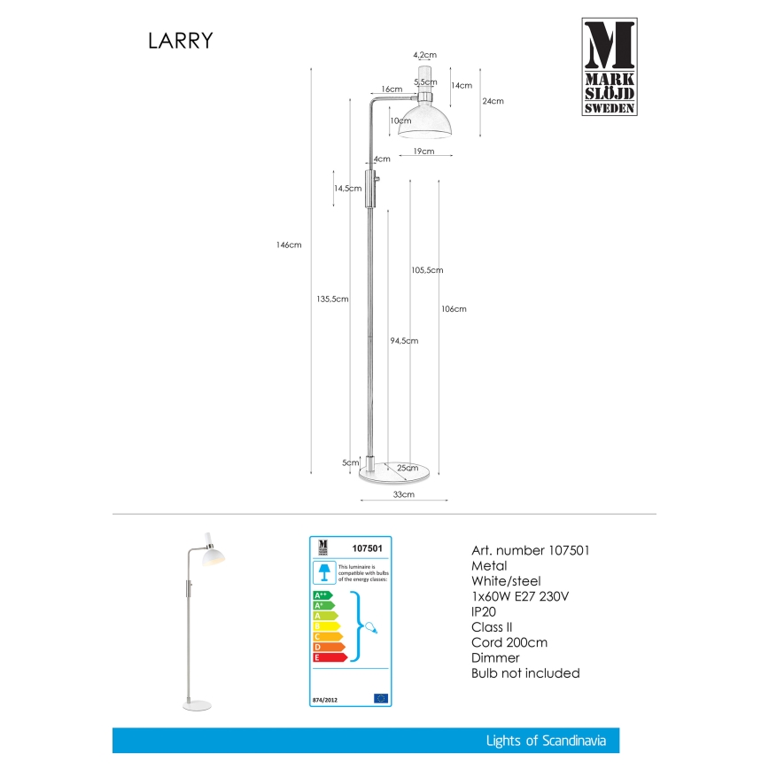 Markslöjd 107501 - Stmívatelná stojací lampa LARRY 1xE27/60W/230V
