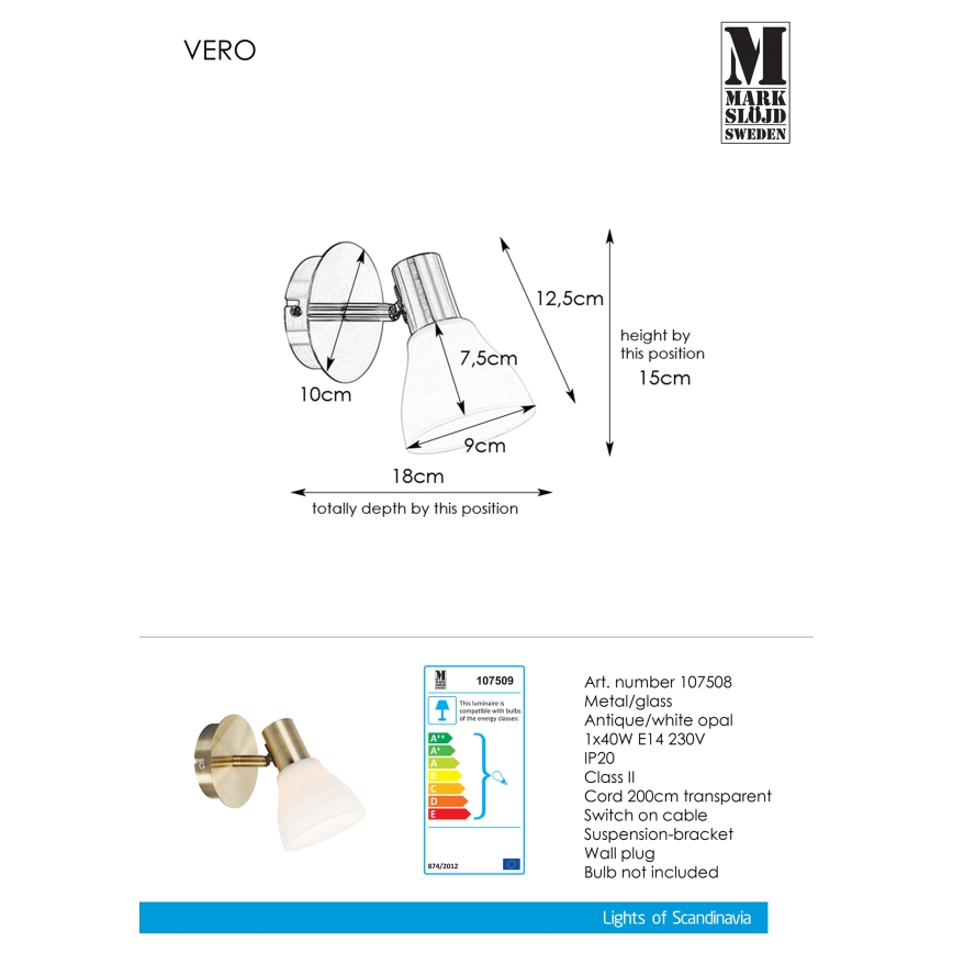 Markslöjd 107509 - Nástěnné bodové svítidlo VERO 1xE14/40W/230V mosaz