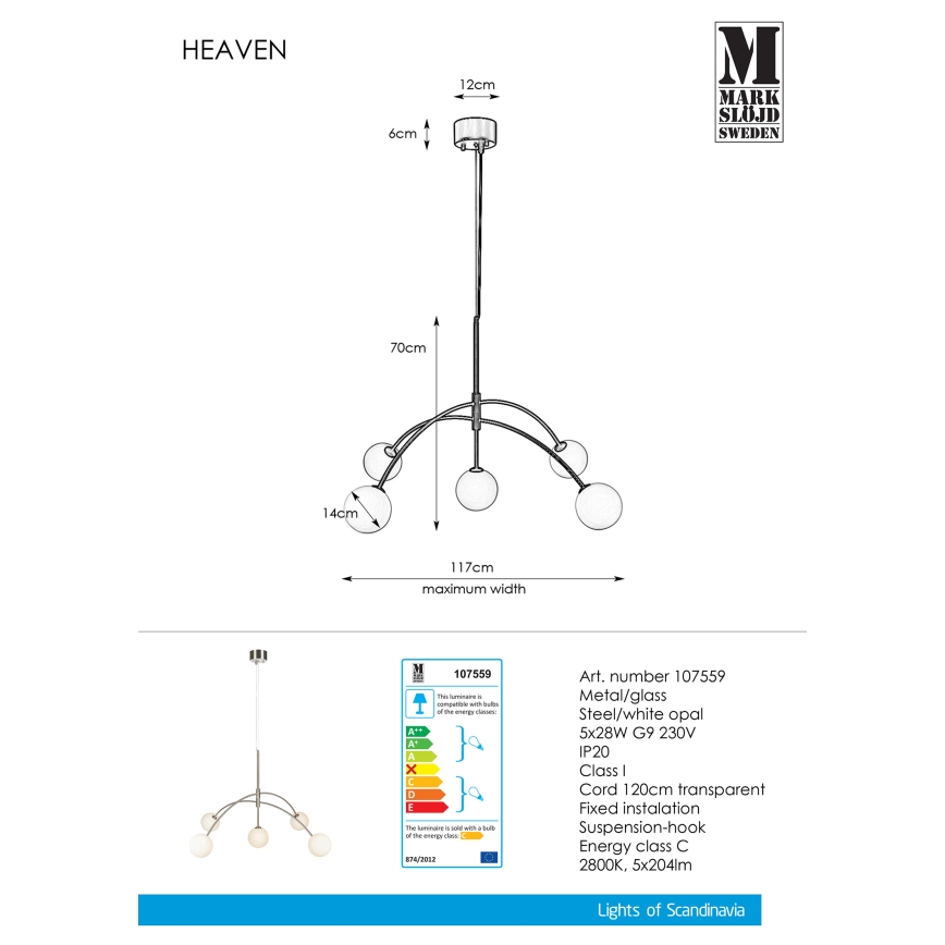 Markslöjd 107559 - Lustr na lanku HEAVEN 5xG9/28W/230V