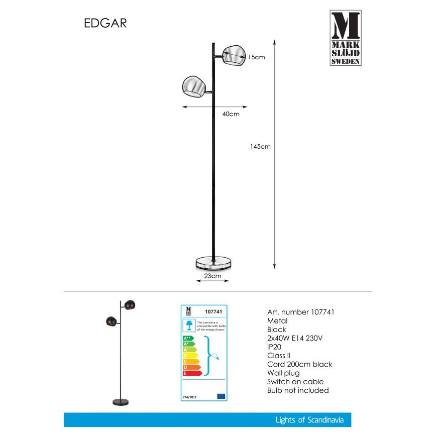 Markslöjd 107741 - Stojací lampa EDGAR 2xE14/40W/230V