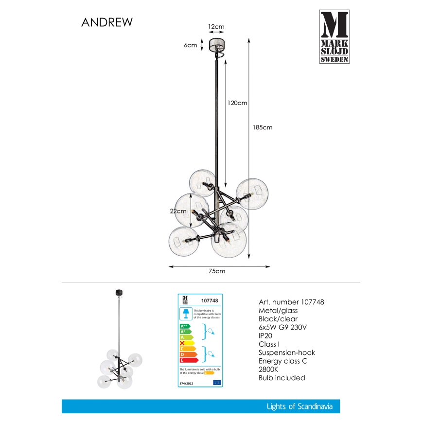 Markslöjd 107748 - Lustr na tyči ANDREW 6xG9/5W/230V