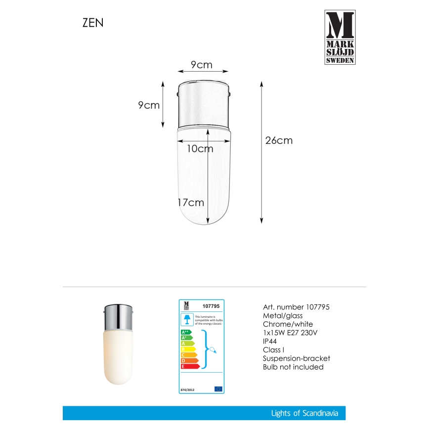 Markslöjd 107795 - Koupelnové stropní svítidlo ZEN 1xE27/15W/230V IP44
