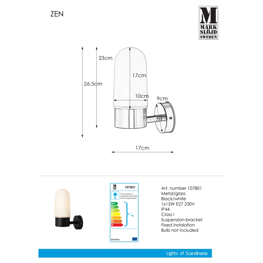 Markslöjd 107801 - Koupelnové nástěnné svítidlo ZEN 1xE27/15W/230V IP44