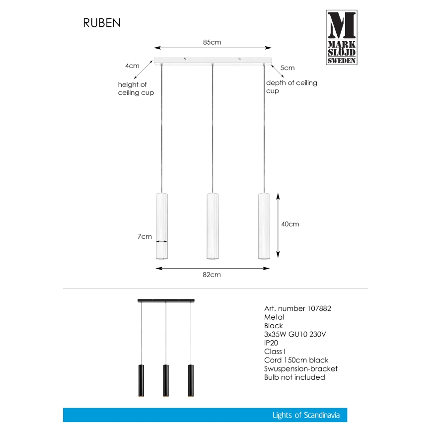 Markslöjd 107882 - Lustr na lanku RUBEN 3xGU10/35W/230V
