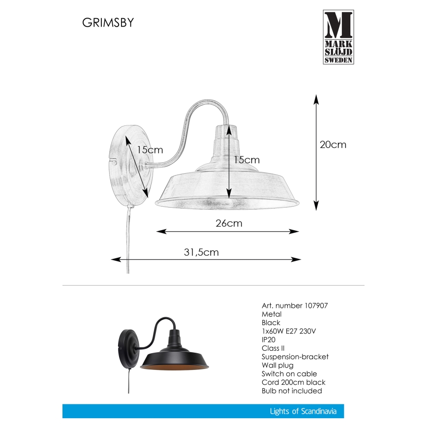 Markslöjd 107907 - Nástěnné svítidlo GRIMSBY 1xE27/60W/230V