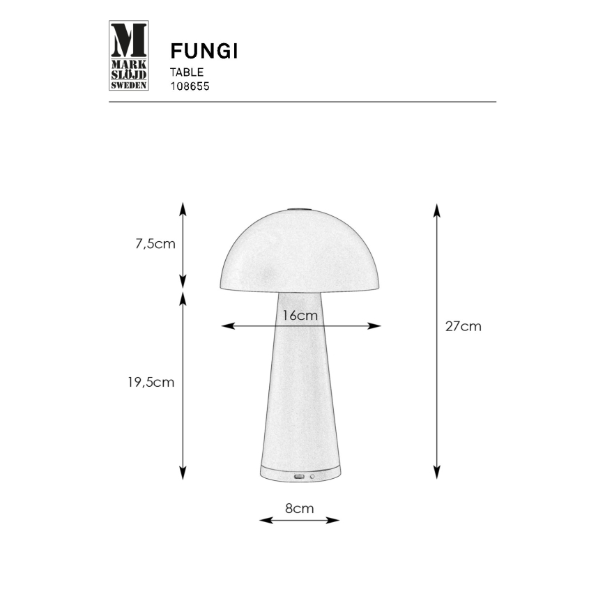 Markslöjd 108655 - LED Stmívatelná nabíjecí lampa FUNGI LED/1,5W/5V IP44 černá